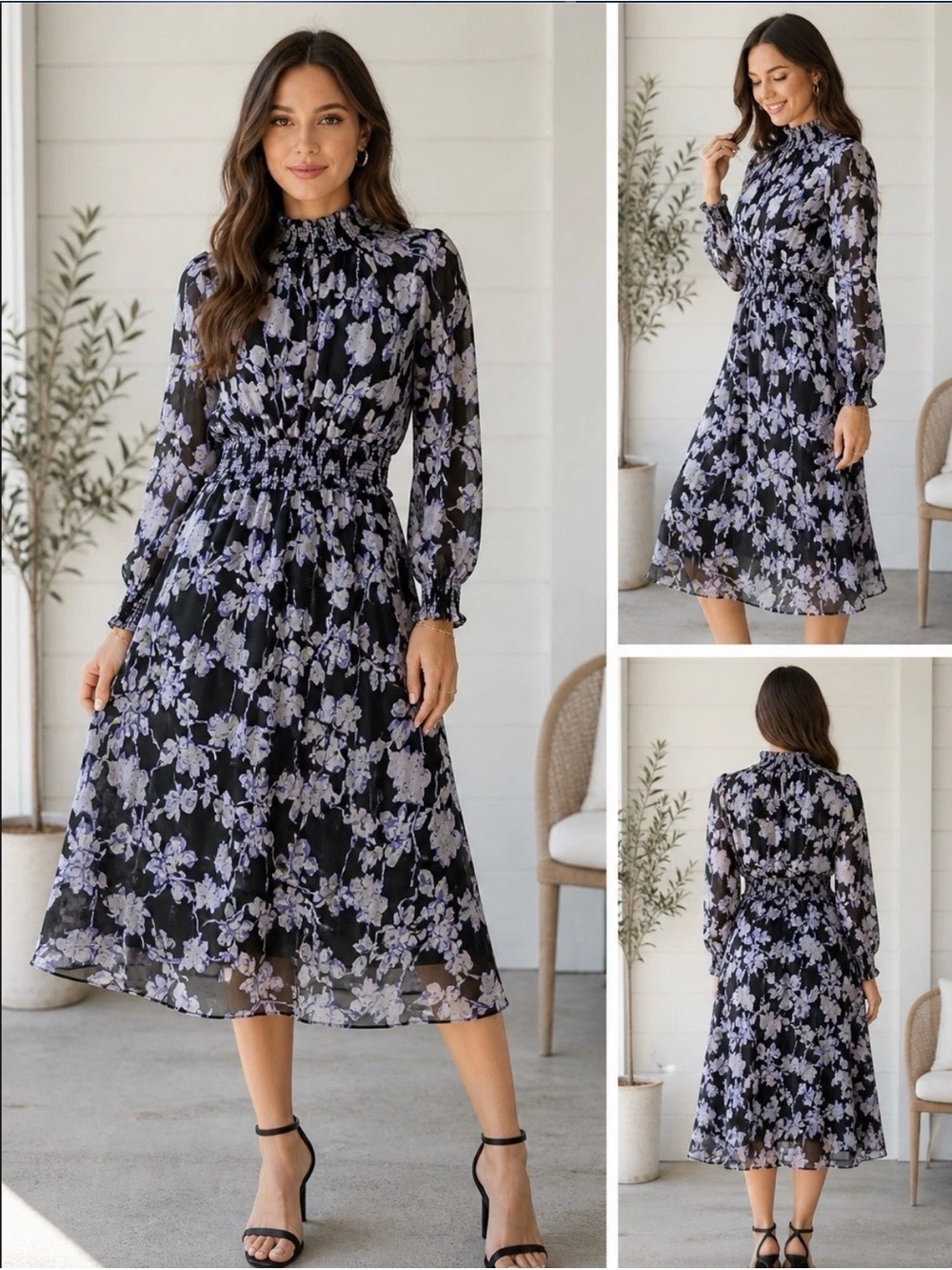 Avec Les Filles Black & Lavender Floral High-Neck Midi Dress